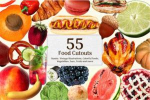 55种水果蔬菜面包食品PNG免抠图标 西瓜卷心菜紫甘蓝汉堡免抠图库大全